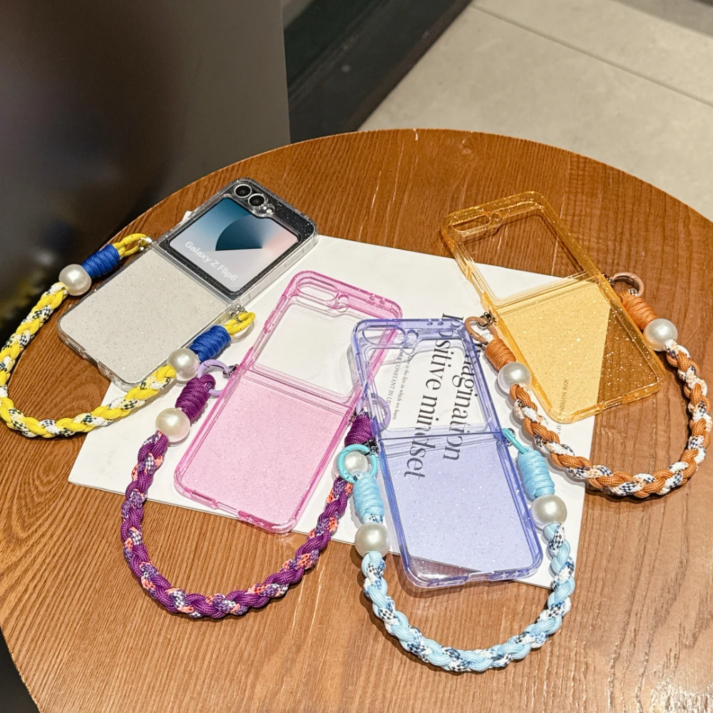 Transparent Glitter Candy Color With Lanyard Phone Case For Samsung Z Flip 5 4 3 6 7 FE Shockproof Protection Cases Back Cover