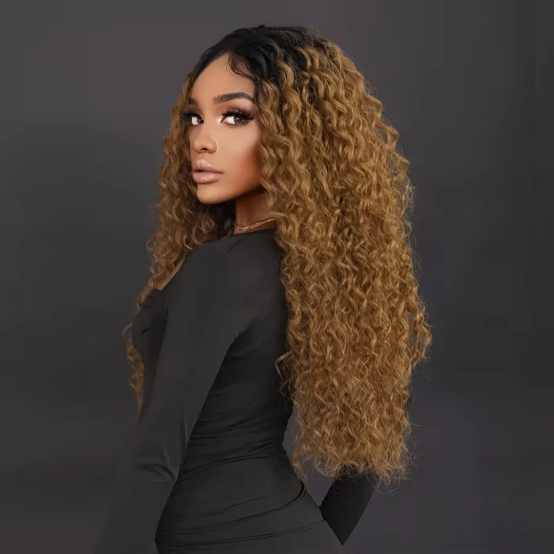 Kinky Curly Ombre Blond Soft Pre-plucked 26" 180 Density Glueless Synthetic 13X4X1 Lace Front Wig For Women Baby Hair Daily