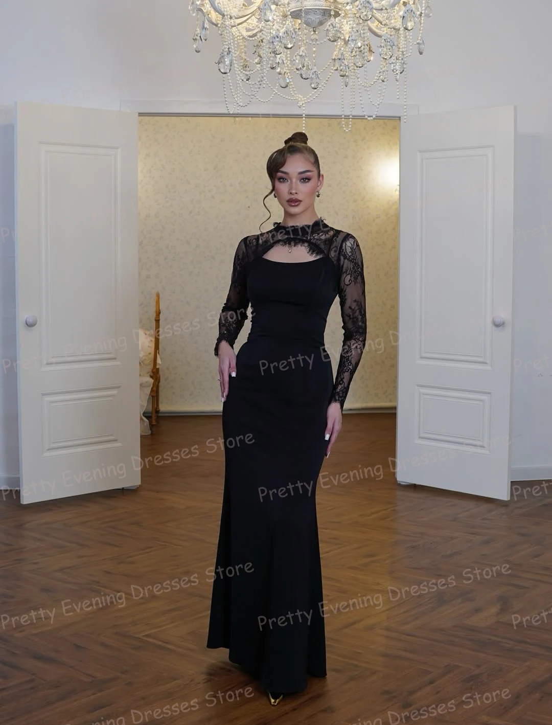 

Simple Lace Evening Dresses Woman's Fashion Mermaid Long Sleeve Prom Gowns High Neck Beach Party Customized Vestidos De Novia