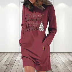 Women's Fashion Christmas Printed Pockets Long Sleeve Pullover Dress