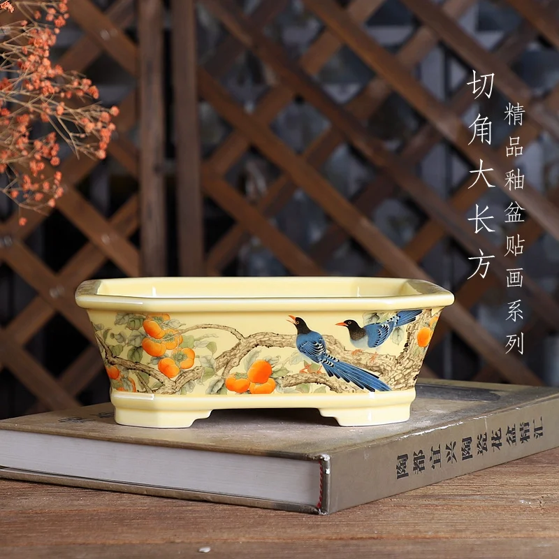 Porcelain Rectangle Bonsai Pot, Traditional Chinese Pattern, Room, Home Table, Desk, Garden Decoration