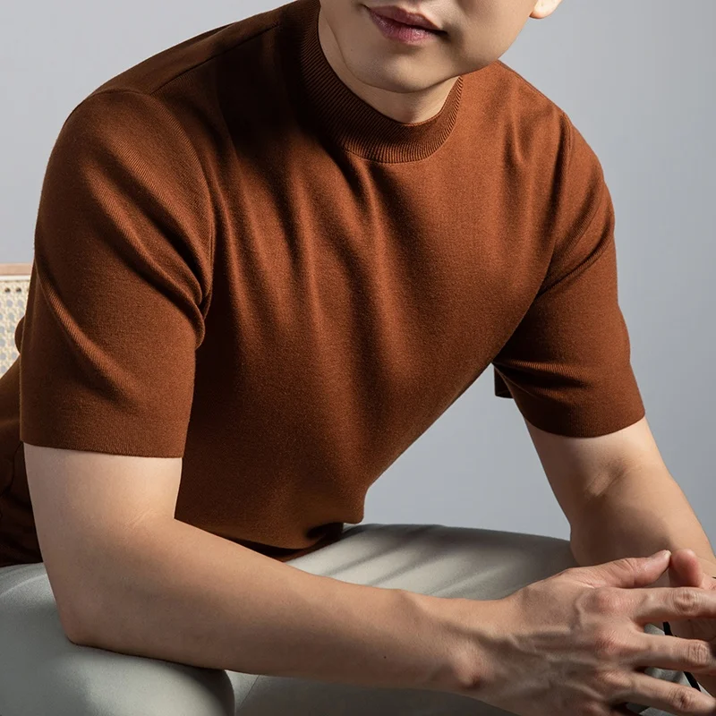

High Quality Lyocell Men Knit Tops 2025 Autumn Winter Wool Blend Knitwear Short Sleeve Male Basic Sweater Pullover Clothes
