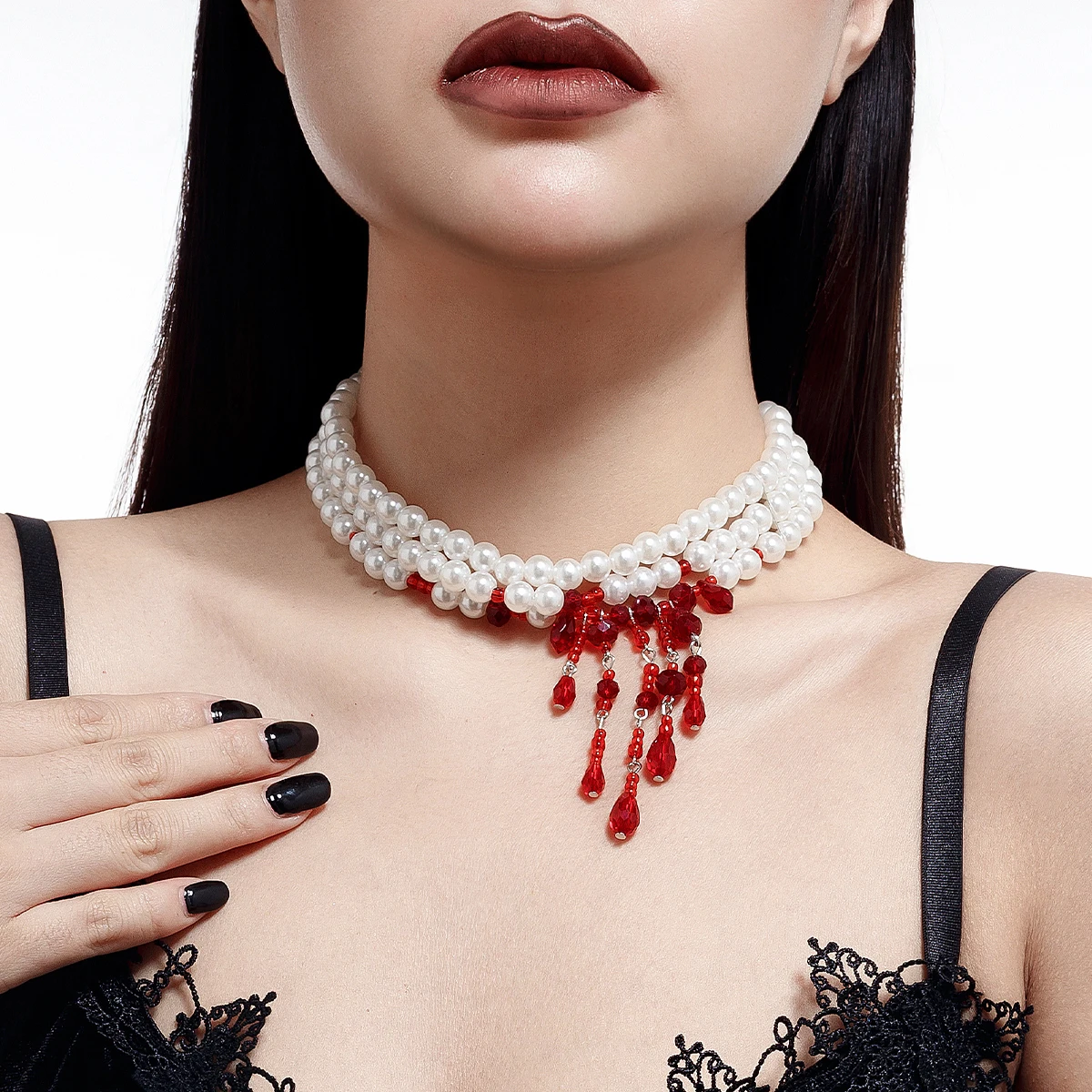 KunJoe Elegant Multilayer Imitation Pearl Beads Necklace for Women Gothic Red Crystal Blood Drop Tassel Choker Halloween Jewelry