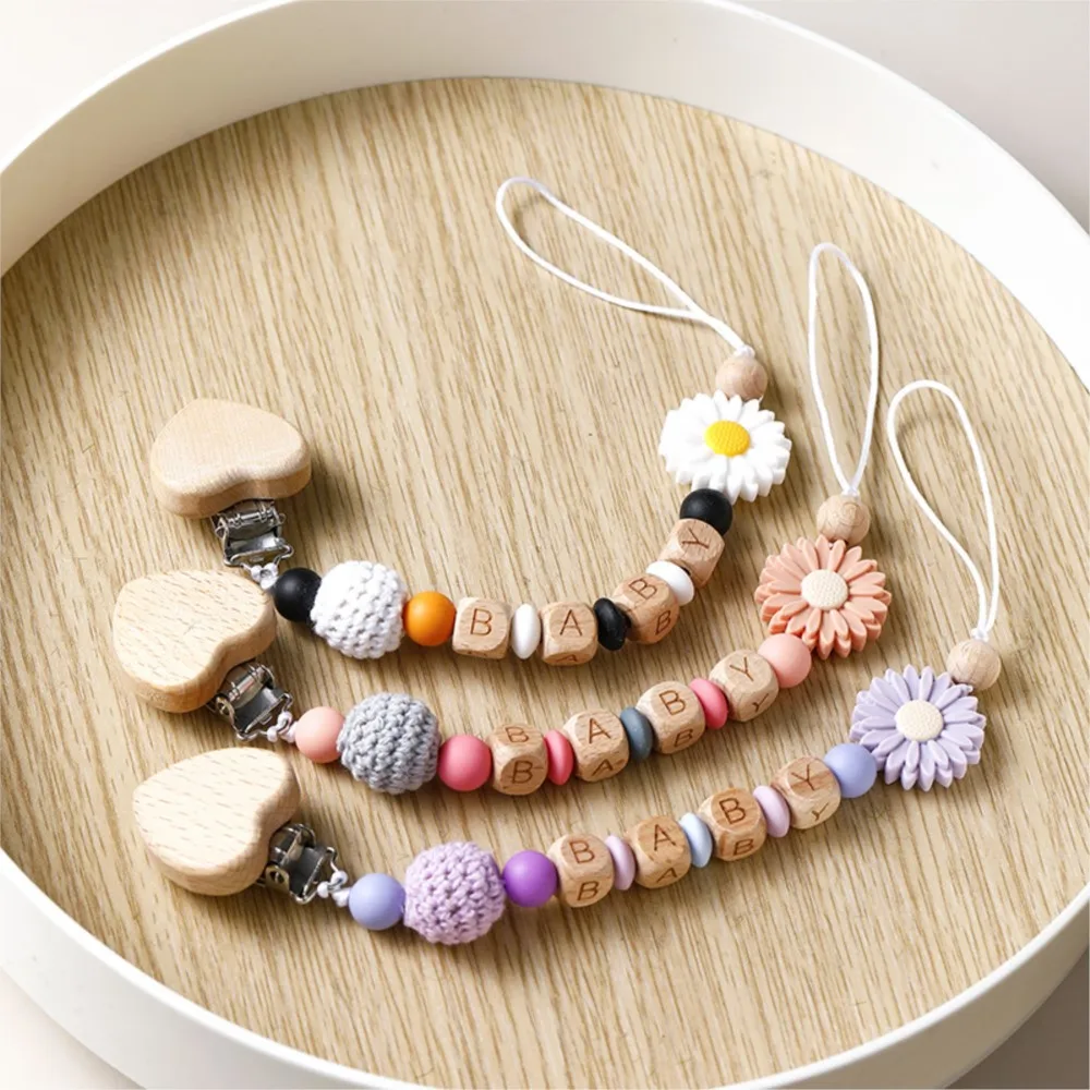 INS Baby Pacifiers Personalized Name Heart Shaped Pacifier Clip Crochet Ball & Flower - Cute and Versatile for Infants