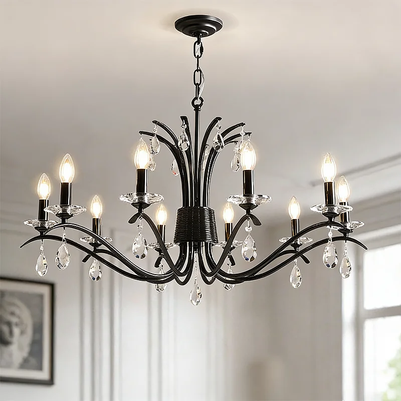 

American Black E14 Candle Led Chandelier Retro Luxury Living Room Crystal Pendant Light Foyer Suspend Lamp Led Luminarias Light