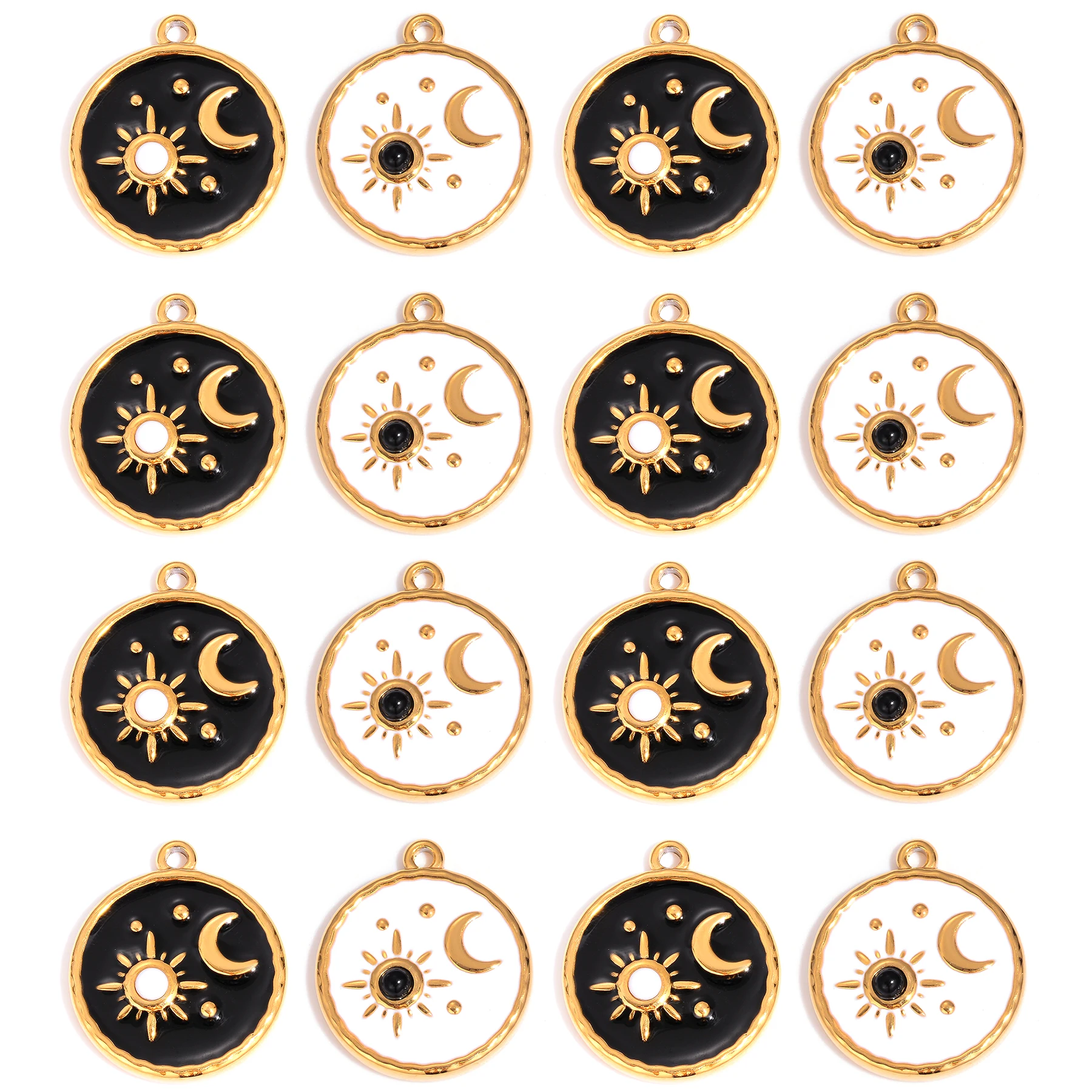 

10Pcs Fashion Stainless Steel Moon Sun Pendant Black/White Enamel Round Accessories for DIY Handmade Earrings Necklaces Jewelry