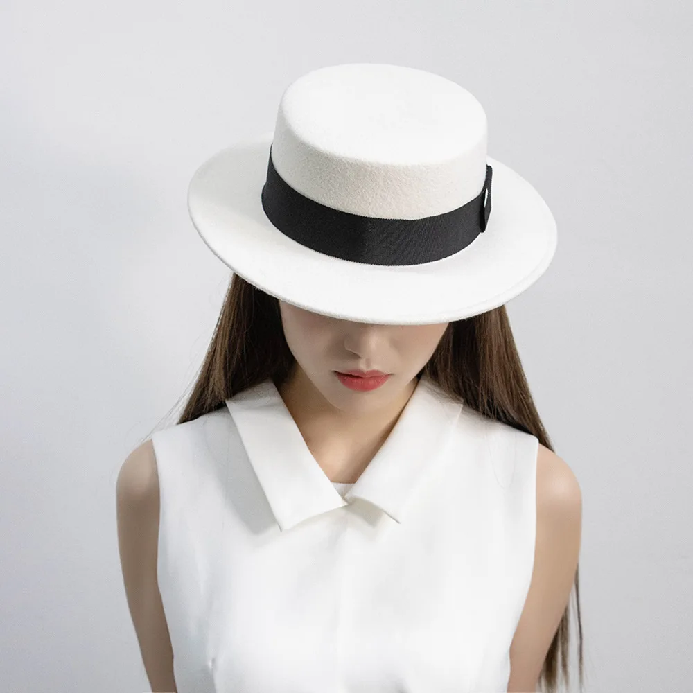 Fashion Casual British Style Ribbon Decorated Woolen Flat Top Hat Outdoor Shopping Warm Internet Celebrity Trendy Hat