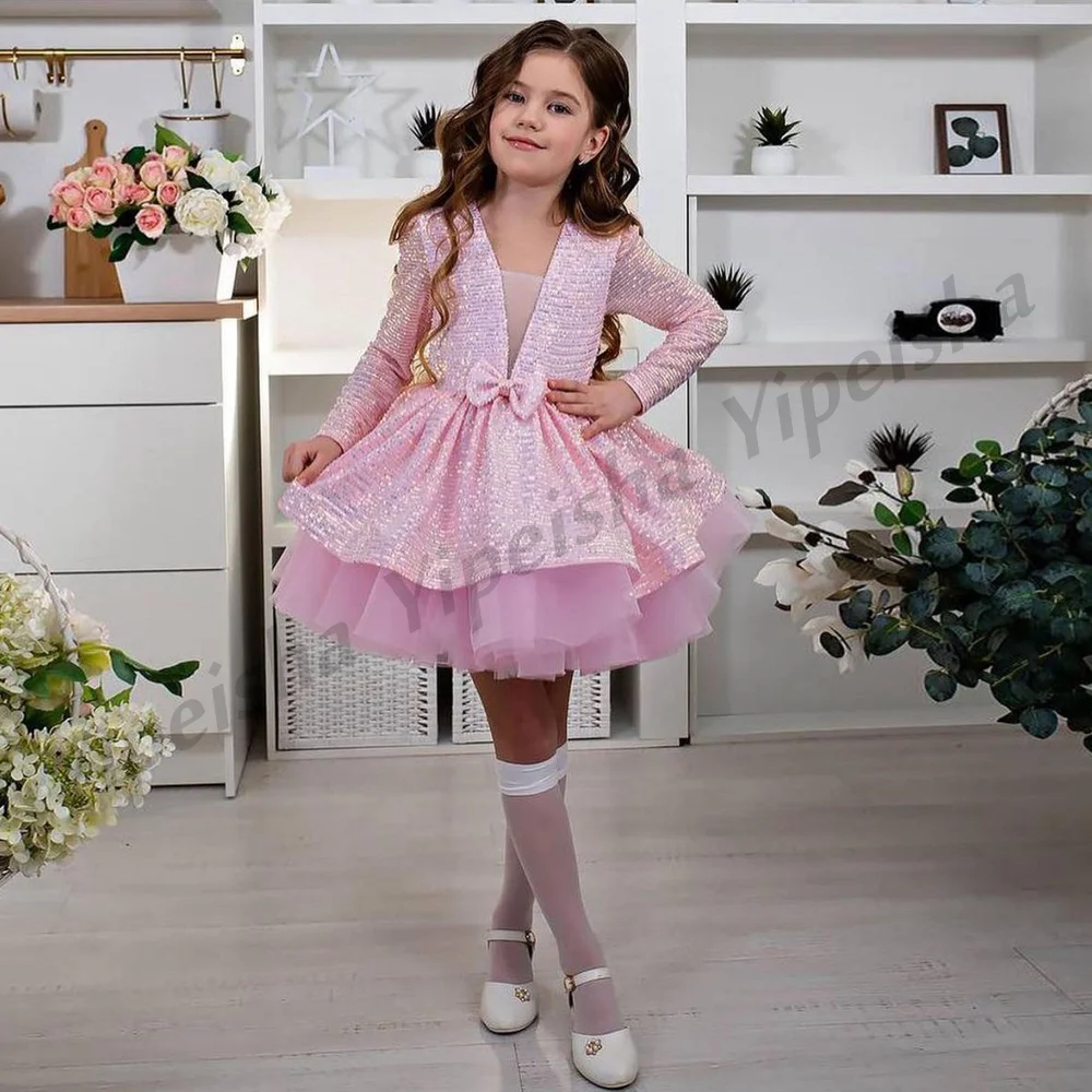 Cute Pink Flower Girl Dresses Little Girls Party Gown Deep V Neck Long Sleeves Sequin Bow Puff Tutu Birthday Communion 