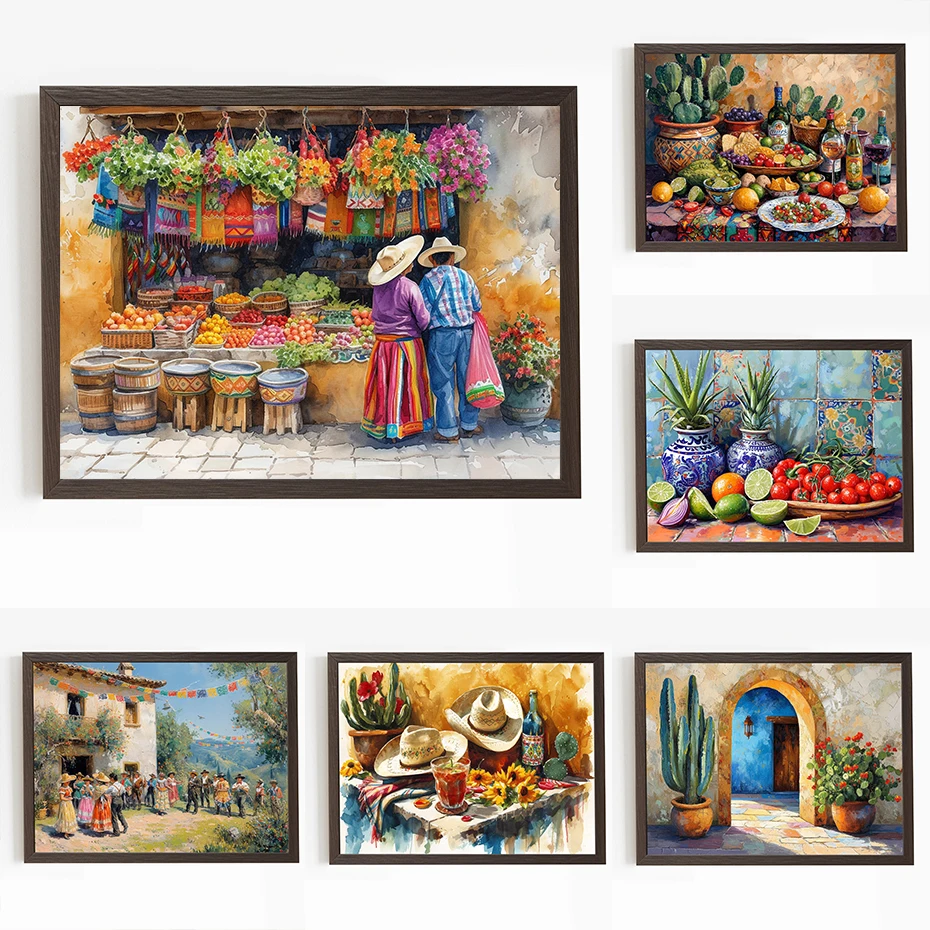 Retro Colorful Mexico City Travel Mexican Market Living Traditional Painting Canvas Poster Wall Art Pictures Home Room Decor