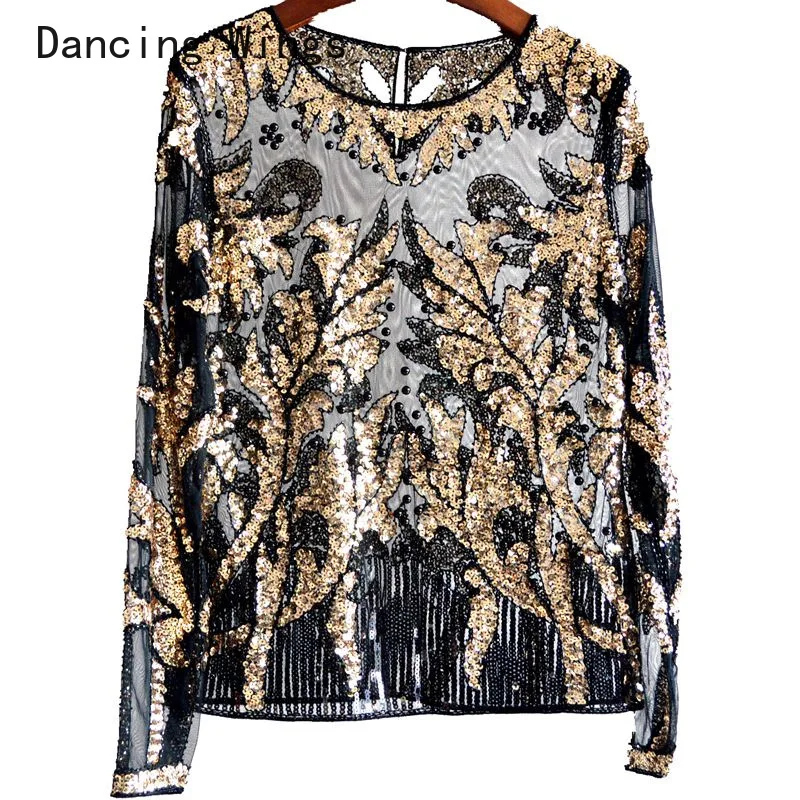 

Sexy Sequined embroidery Leaf pattern Shirt women shiny Transparent gauze Heavy Beading Blouses