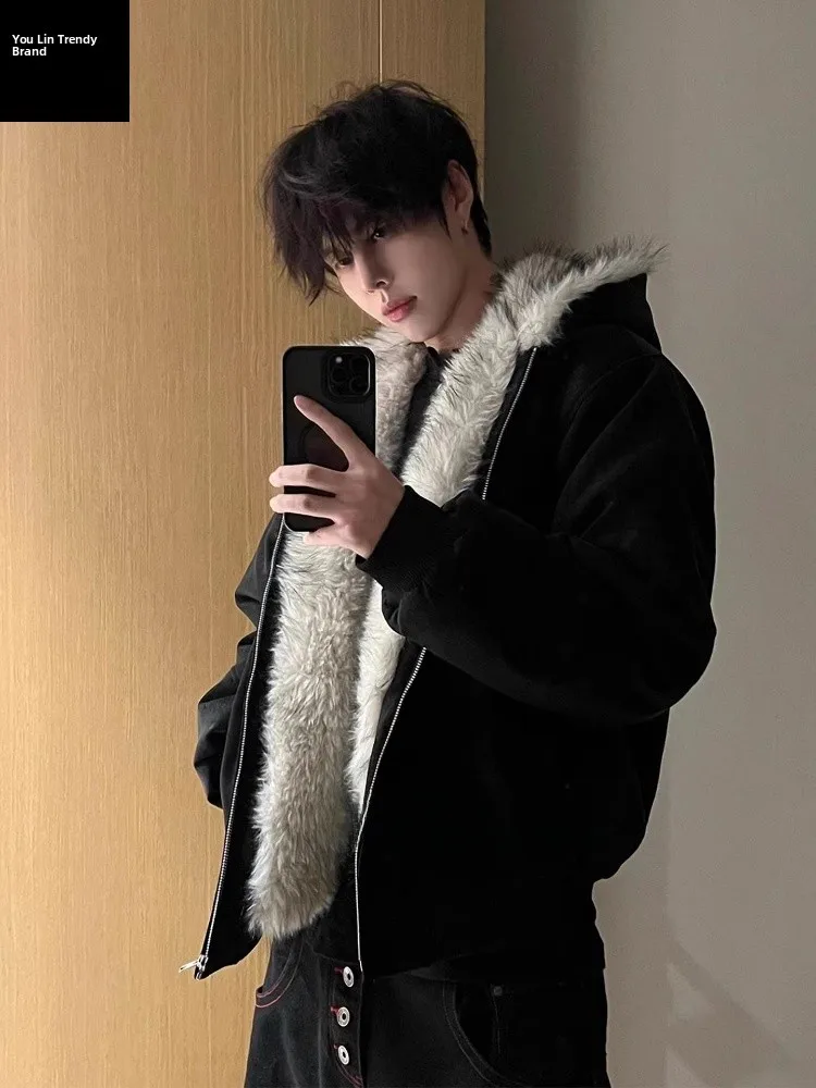 

Black Thickened Short Jacket Men's Autumn Winter Cotton Coat with Fur Collar Hooded Workwear Jacket for Teens