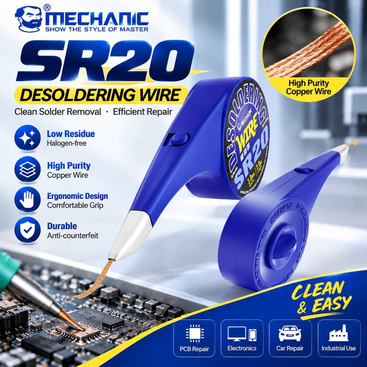 【MECHANIC】 SR20 Entlötdraht für mobile elektronische Saug-Zinndraht, niedrige Rückstände, Zinnentfernung, PCB-Reparaturwerkzeug, Saugband