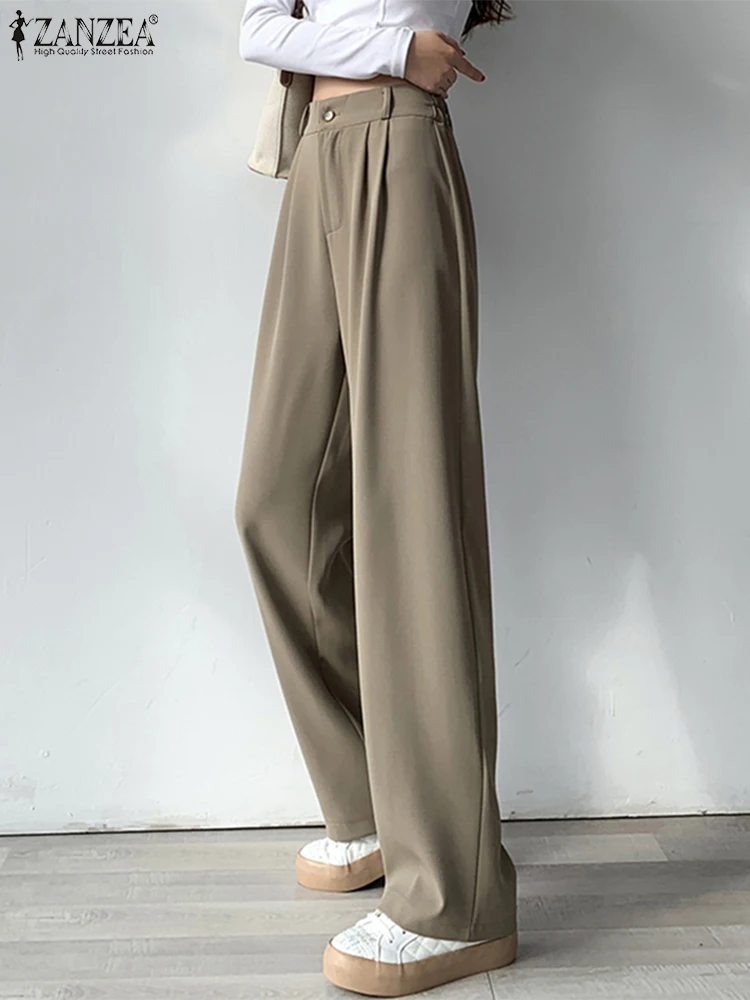 

ZANZEA Elegant Women 2024 Fashion Casual OL Work Trousers Female Palazzo Loose Pantalon Summer High Waist Solid Long Pants