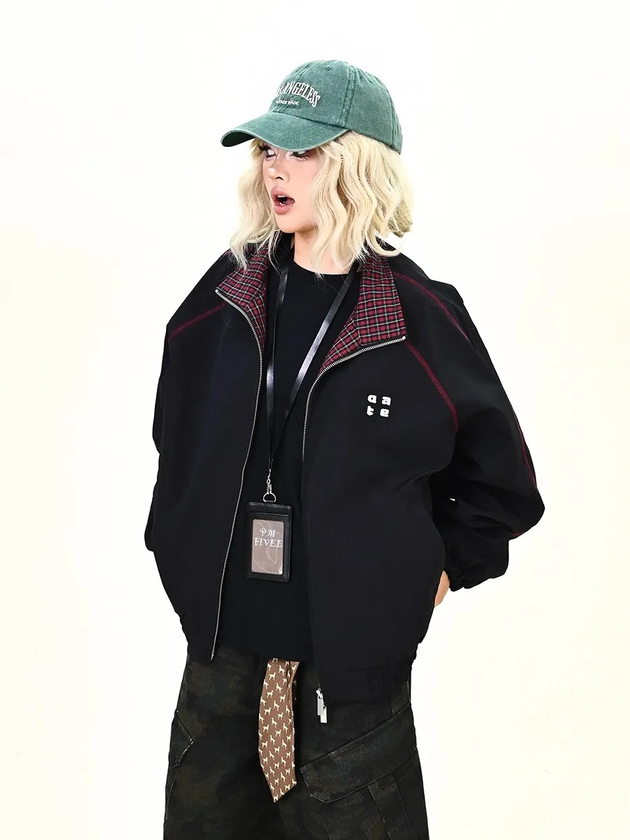 

Американский свободный красный клетчатый топ на молнии, мужской и женский осенний новый спортивный топ для пар, верхняя одежда, повседневное длинное пальто све