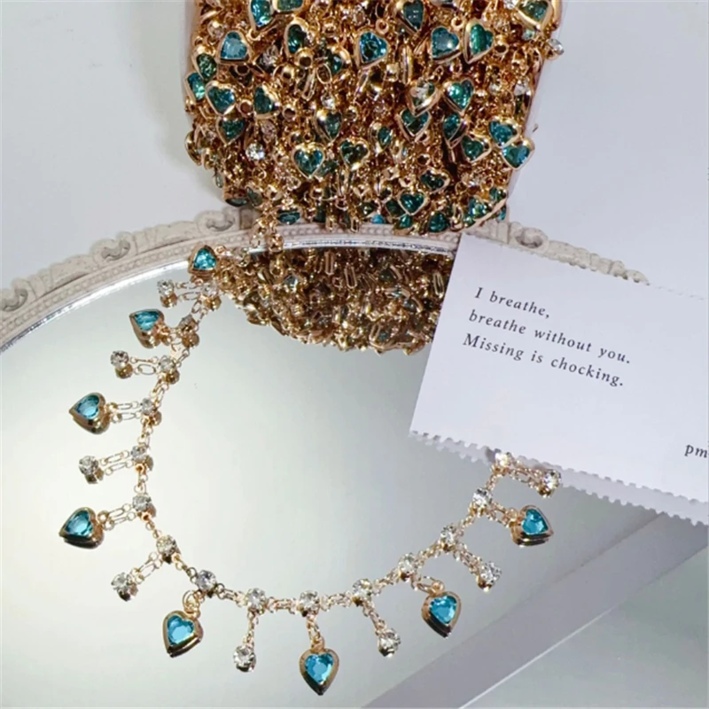 10 Meters/Lot New Retro Lake Blue Crystal Heart Beads Link Chains DIY for Bracelet Necklace Garment Jewelry Making Accessories