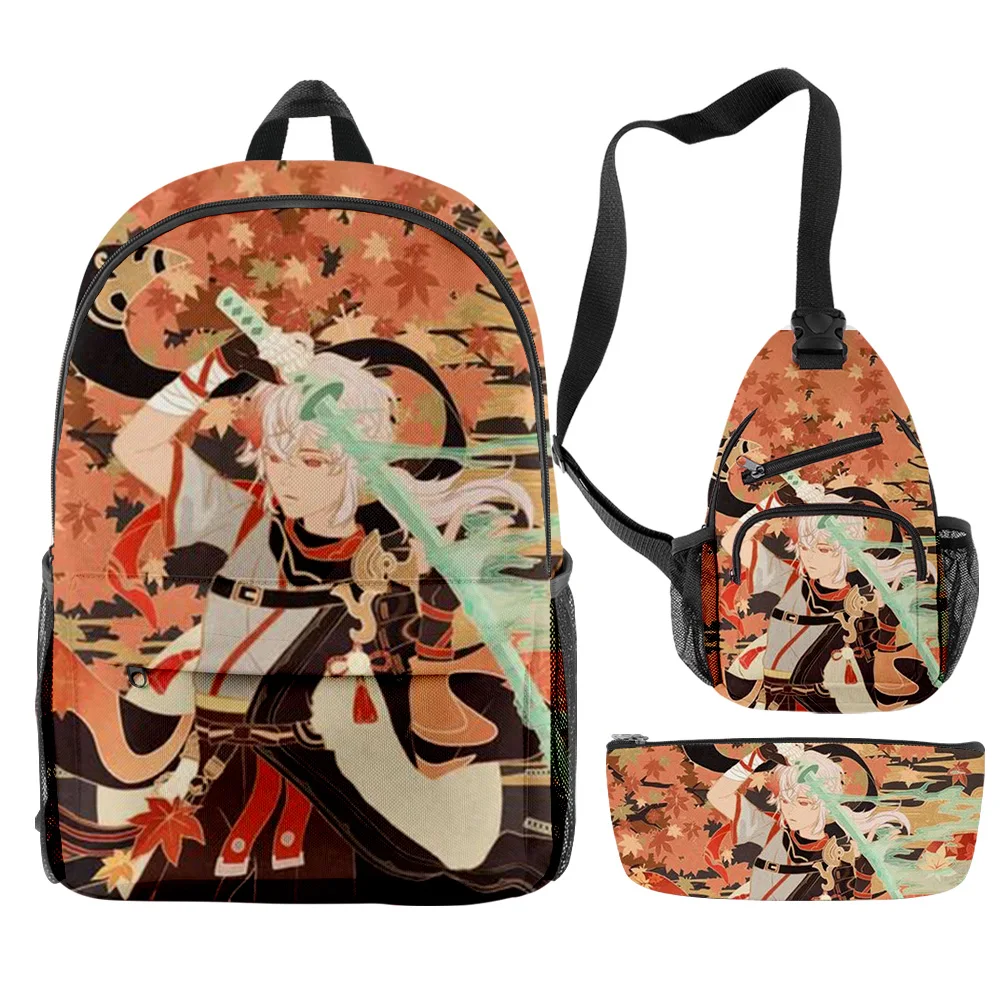 Genshin impacto kaedehara kazuha 3 pçs/set meninos meninas mochila crossbody saco de lápis caso escola primária estudantes do