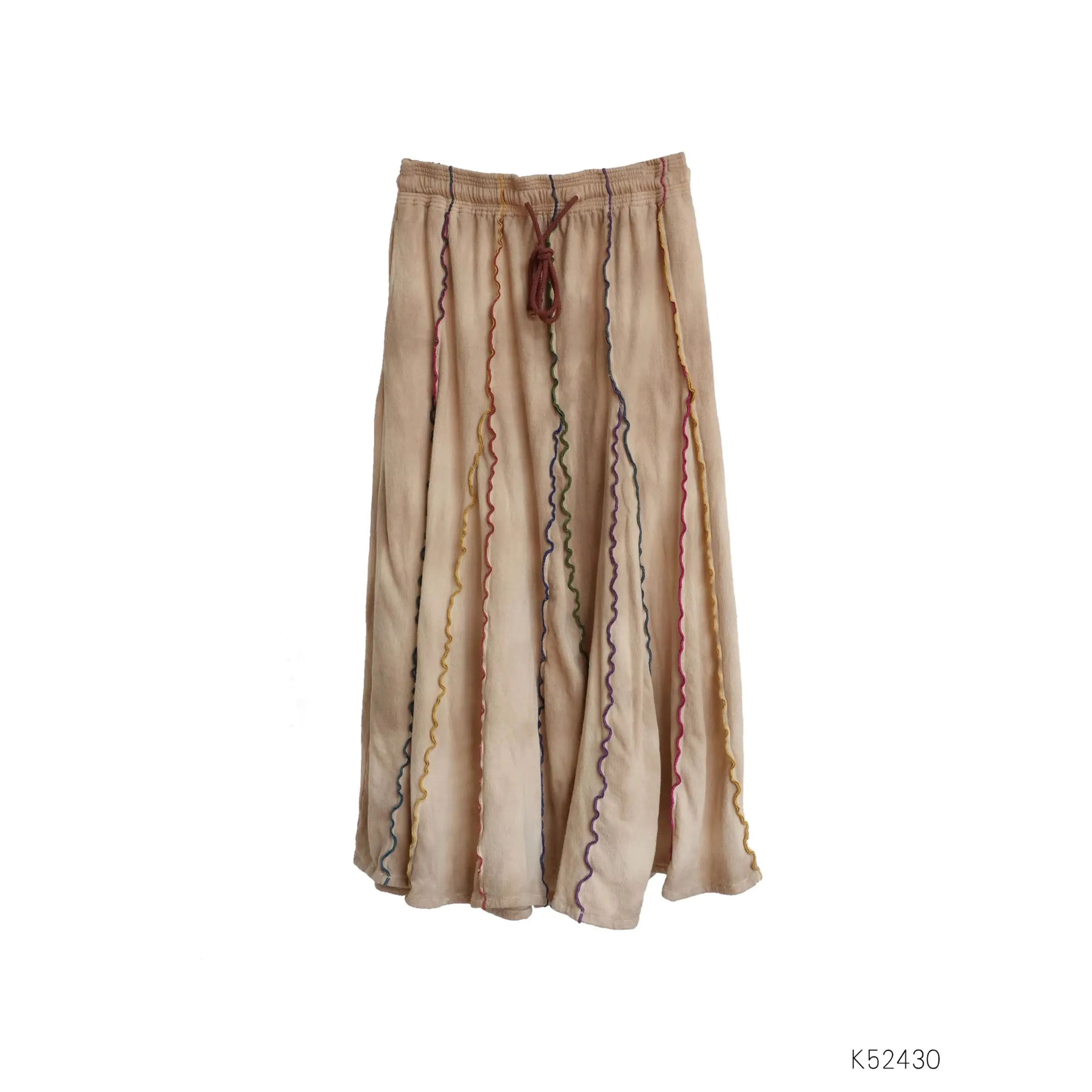

Tea Dye A-Line f Skirt with Color Stripe Patchwork And Water Wave Pattern by Ji Jian Vintage Cotton Umbrella Skirt for Women