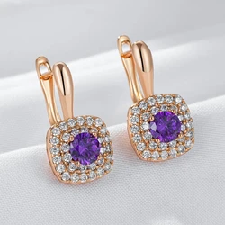 Wbmqda Luxury Purple Women's Drop Earrings 585 Rose Gold Color Full Stones Setting Shiny Wedding Party Fine Jewelry