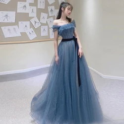 Gray Blue Long Prom Dress Lady Girl Women Vestido Princess Bridesmaid Banquet Party Dress Tulle Mesh Formal Gown Lace Up Back