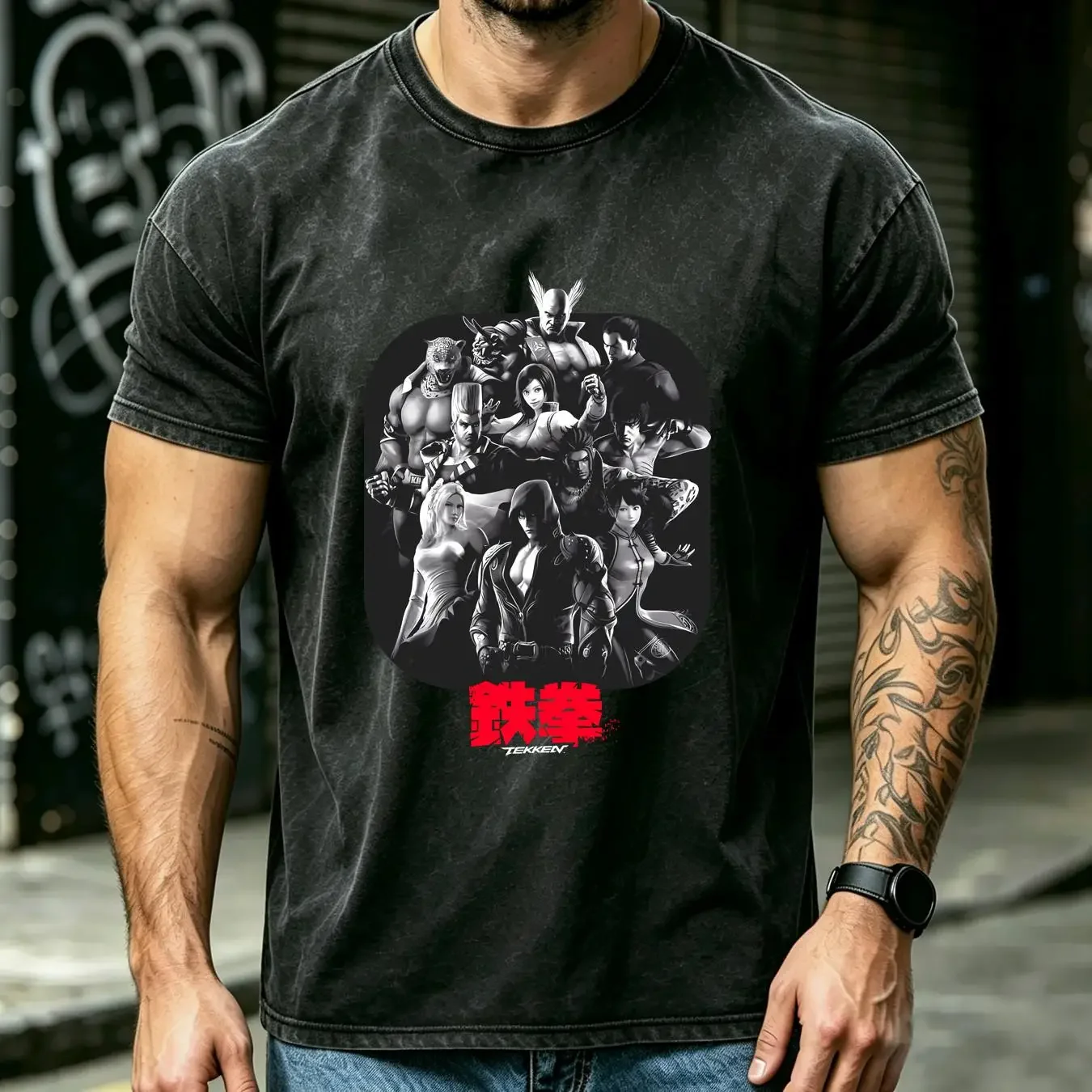 washed T Shirt Tekken Group Pose Black vintage Washed Stylish Breathable fashion Stretched Unisex Versatile streetwear homme