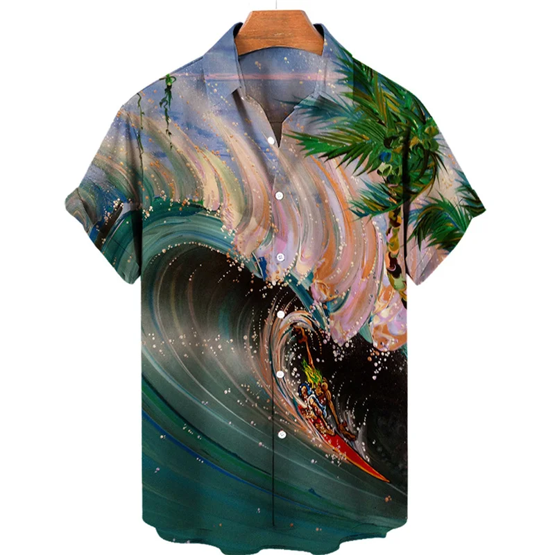 Men's Tropical Palm 3D Print Hawaiian Shirt, Summer Beach Street Harajuku Holiday Lapel Button Loose Blouse