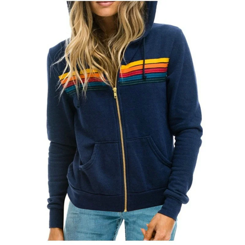 New Women Aviator Nation Zip-up Hoodies Sweatshirts 5 Stripe Rainbow Long Sleeve Loose Stitch Pullover