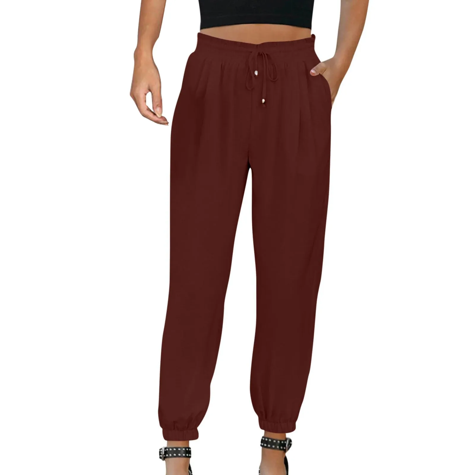 

Women'S Fashion Cuff Pants Women'S Versatile Casual Solid Color High Waist Lace-Up Cropped Pants Pantalones De Mujer