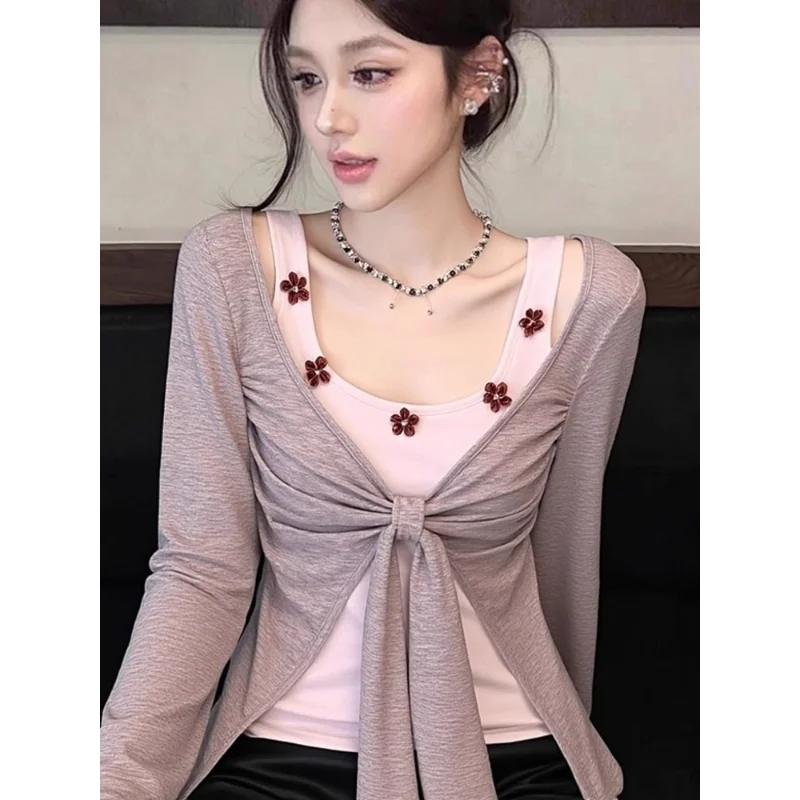 

Pink Fake Two-piece Long-sleeved Bottoming Shirt T-shirt for Women Autumn and Winter New Inner Pleated Slim Top Ins