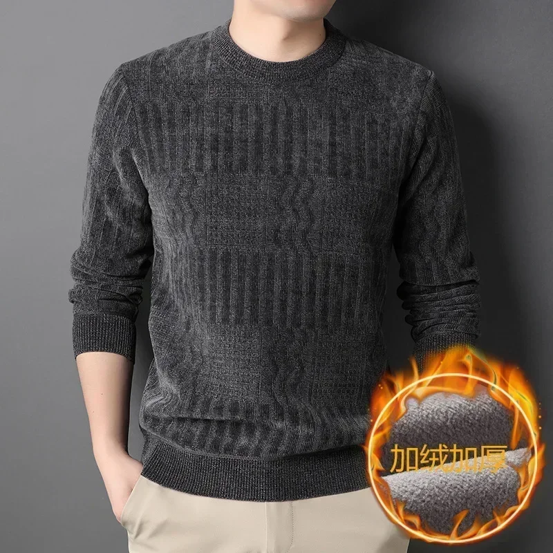

2024 Men's Casual Warm Sweater Autumn Winter Solid Plush and Thicken Pullovers Male Knitted Sweater Tops Versatile Mens Clothes