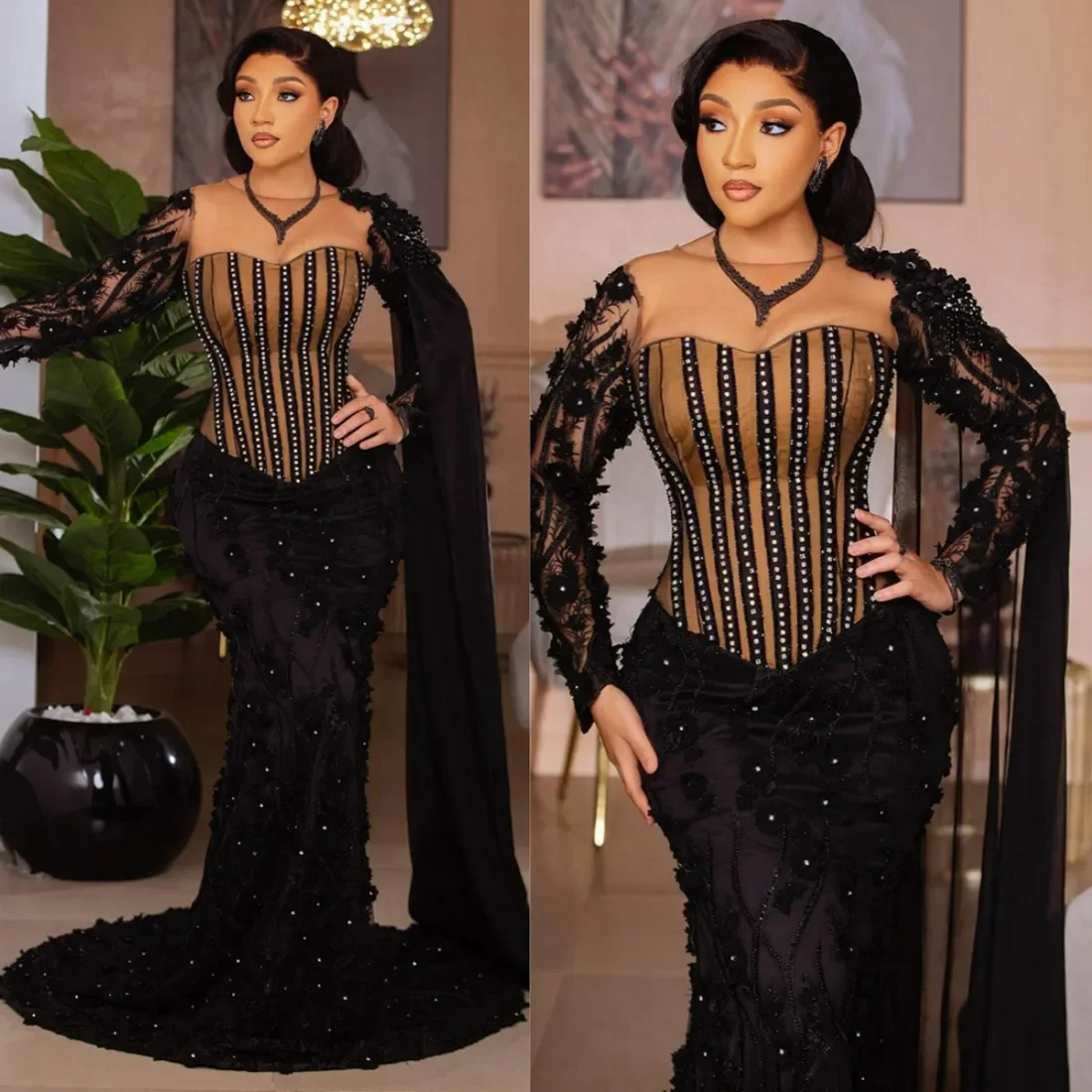 

Size Plus Prom Black Women Promdress Evening Gowns Long Sleeves Formal Beaded Rhinestones Lace Birthday Dresses