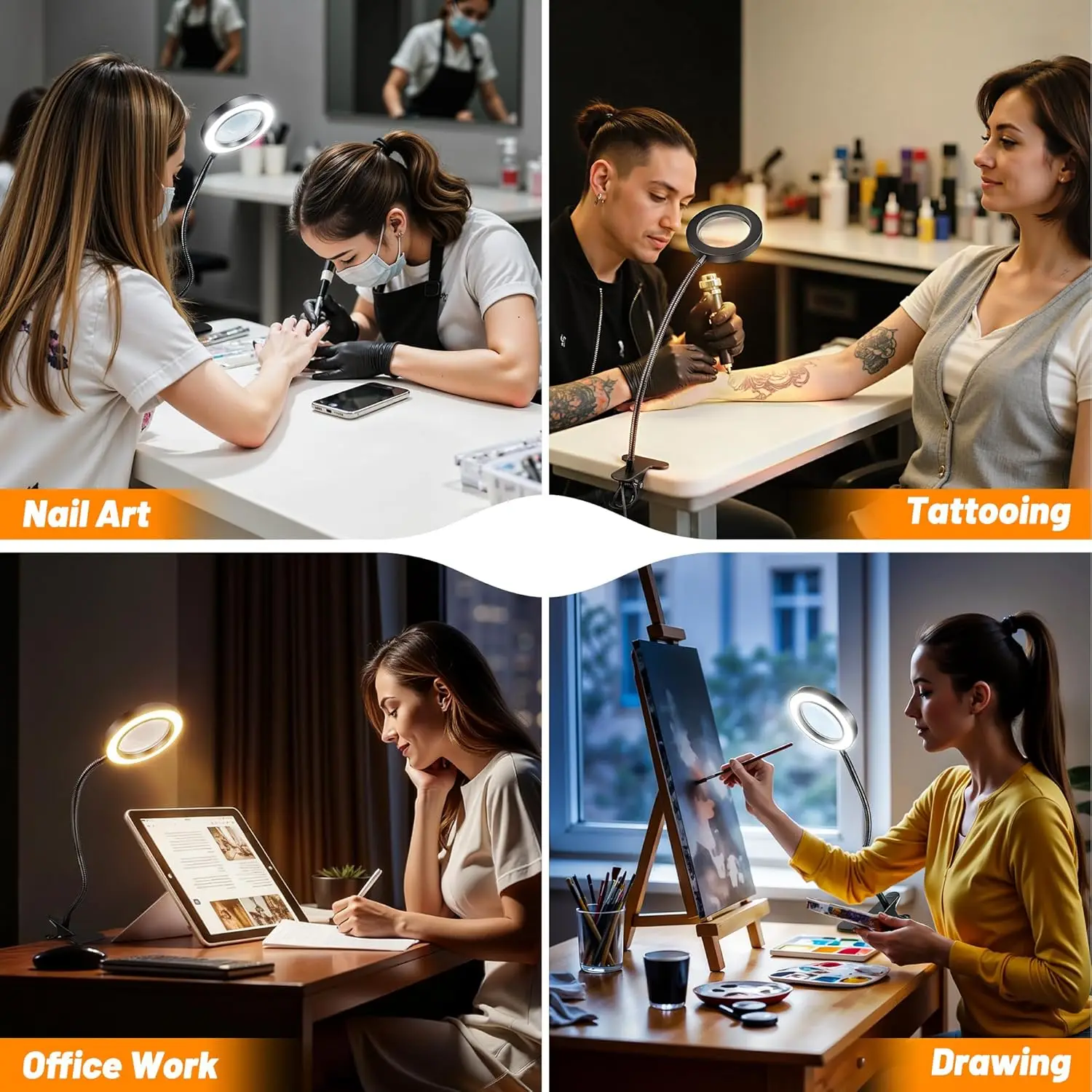 LED Clip-On Magnifying Desk Lamp 5X Magnifier USB Powered 3 Colors 10 Levels Dimmable Adjustable Flexible Gooseneck Sturdy Metal Clamp Base Makeup Reading Craft Repair Sewing Hobby Light for Office Study Bedroom Living Room Workbench Jewelry Making