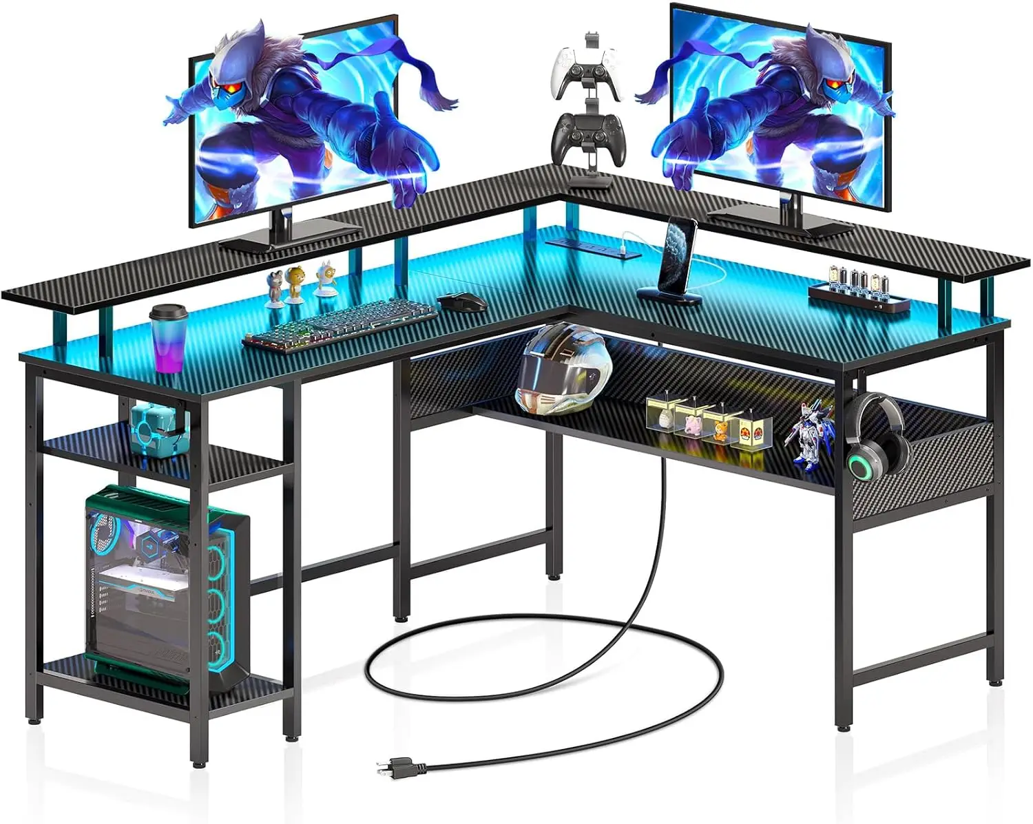 

Computer desk 56.7 inches, with LED lights and power sockets, carbon fiber surface