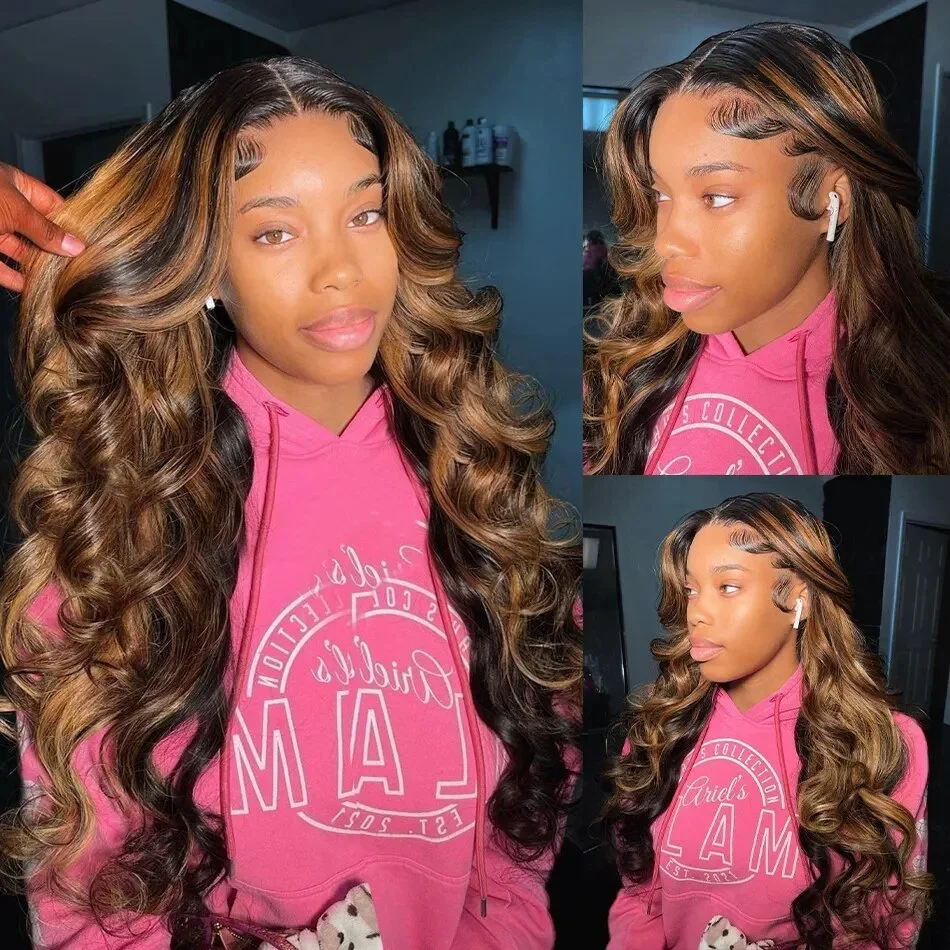 Body Wave Highlight Honey Brown Deep Wave 13x4 Transparent Lace Front Human Hair Wigs Human Hair Straight 4/27 Lace Frontal Wigs