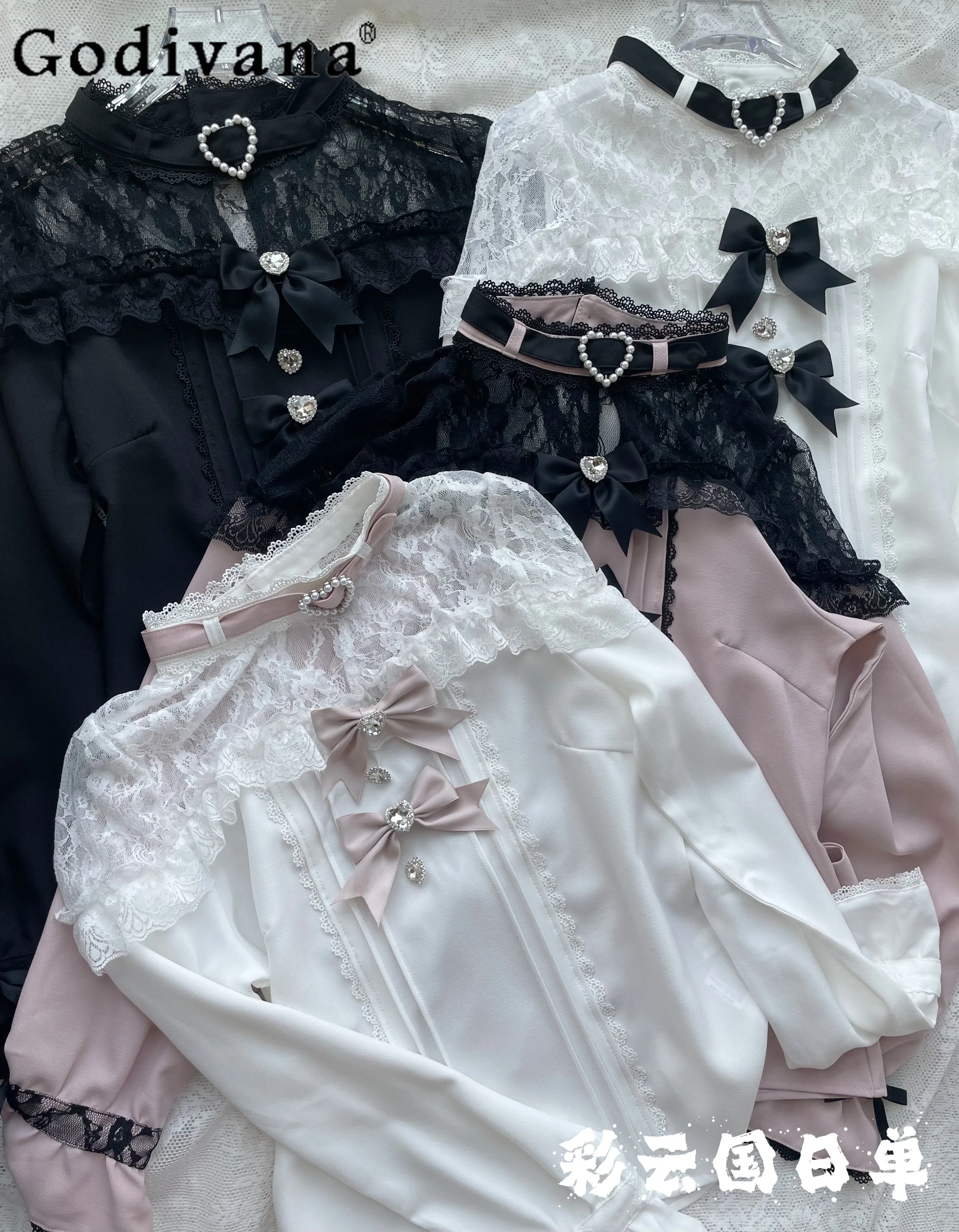 Japanese Mine Series Mass-produced Lolita Shirt Women's Spring and Autumn Bow Love Lace Splicing Long-sleeved Top Sweet Shirt