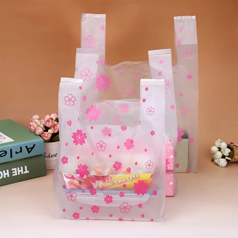 100 Pcs Sakura Plastic Bag with Handle 4 Sizes Fresh-keeping Candy Wedding Cartoon Gift Shopping Kitchen Storage Organization