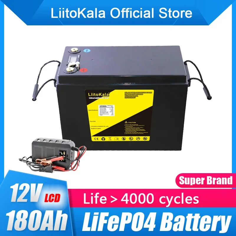 

LiitoKala 12V 180AH lifepo4 lithium battery 4s 12.8V 180Ah with voltage display for 1200w inverter boat golf cart UPS