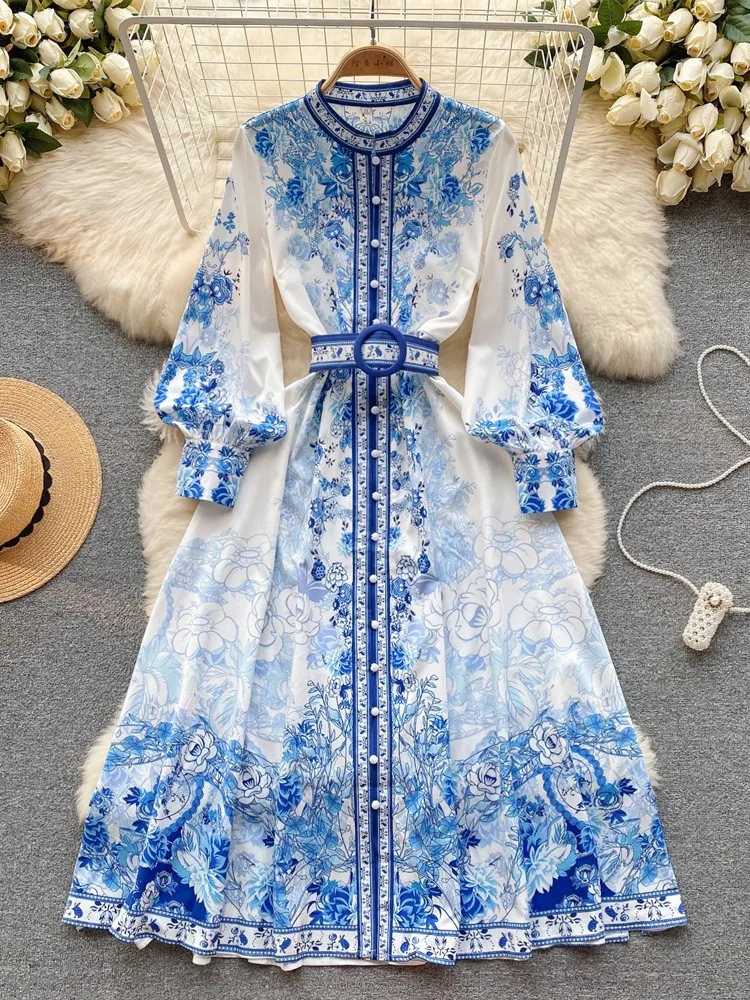 New Fashion Women Long Elegant Dress Lady Palace Attire Elegant National Style Printed Dresses Woman Vintage Long Holiday Rober