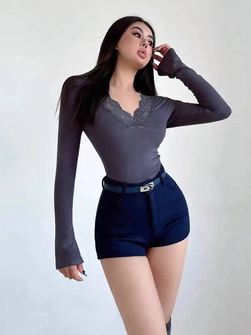 가을 겨울을위한 섹시한 레이스 패치 워크 v 넥 탑 숙녀 플레어 슬리브 투명 긴 소매 여성 티셔츠 스위트 티셔츠 S3AU