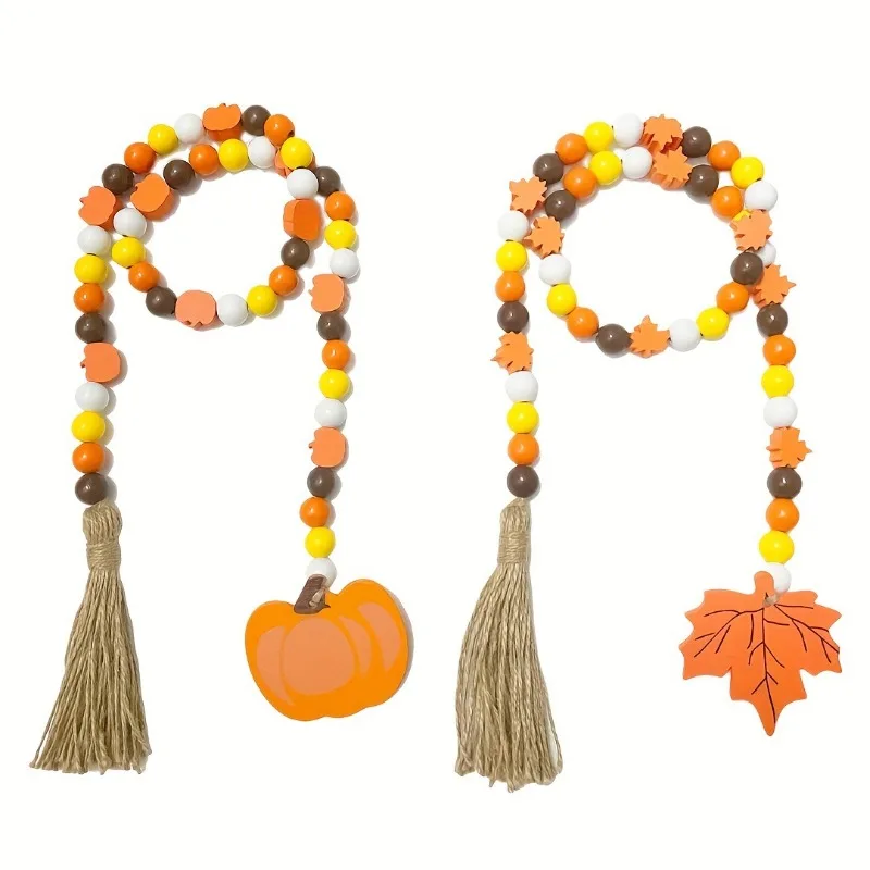 

2pcs Thanksgiving Pendant Wooden Bead Garland with Tassel Fall Wood Bead Garland Decor Thanksgiving Hanging Ornaments