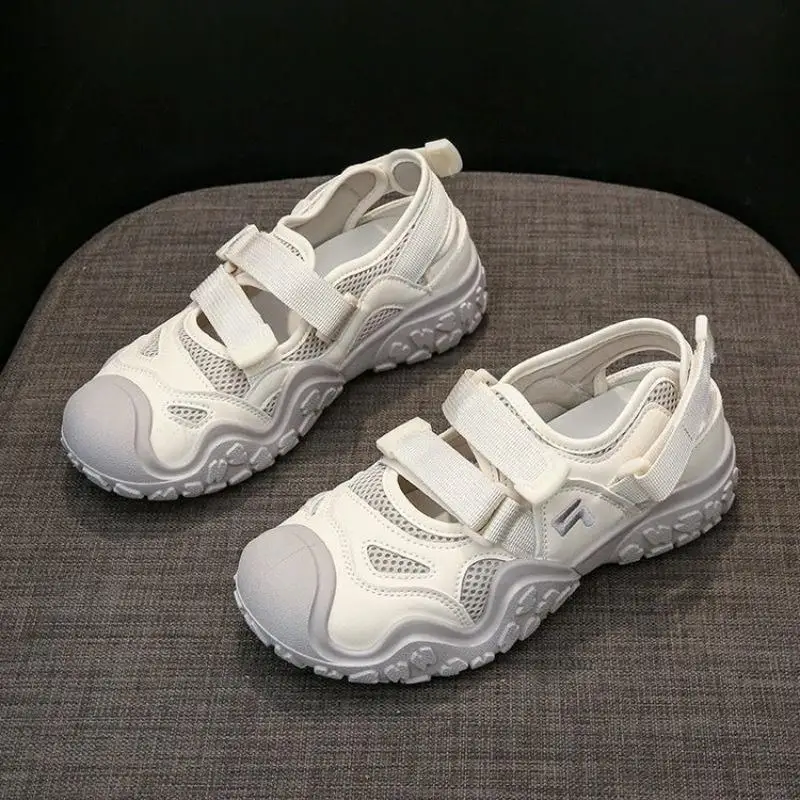 Women Summer Toe Cap Sport Sandals Hollow Mesh Breathable Casual Footwear Hook And Loop Lug Thick Sole Hiking Shoes