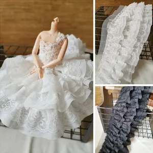 Plisadado Lace Ruffle Kragenverkleidung, 3 Schichten, Chiffon -Stoff, bestickte Klebeband, DIY -Hochzeitskleid, Puppenbekleidungsvorräte, 13 cm breit 6 Hauptverkäufe Chiffon zu Metro - №5