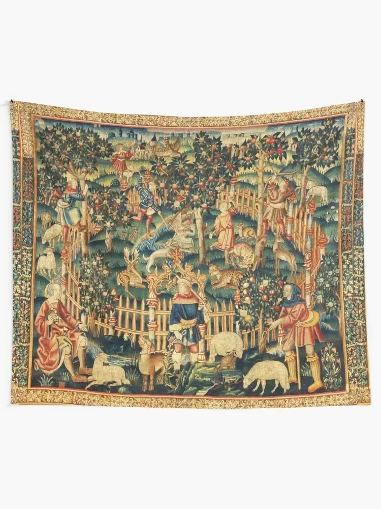 MEDIEVAL HUNTING OF BIRDS WITH HAWK AND A BOW, DOGS ,ANIMALS Antique Tapestry Japanese Room Decor Things To The Room Tapestry