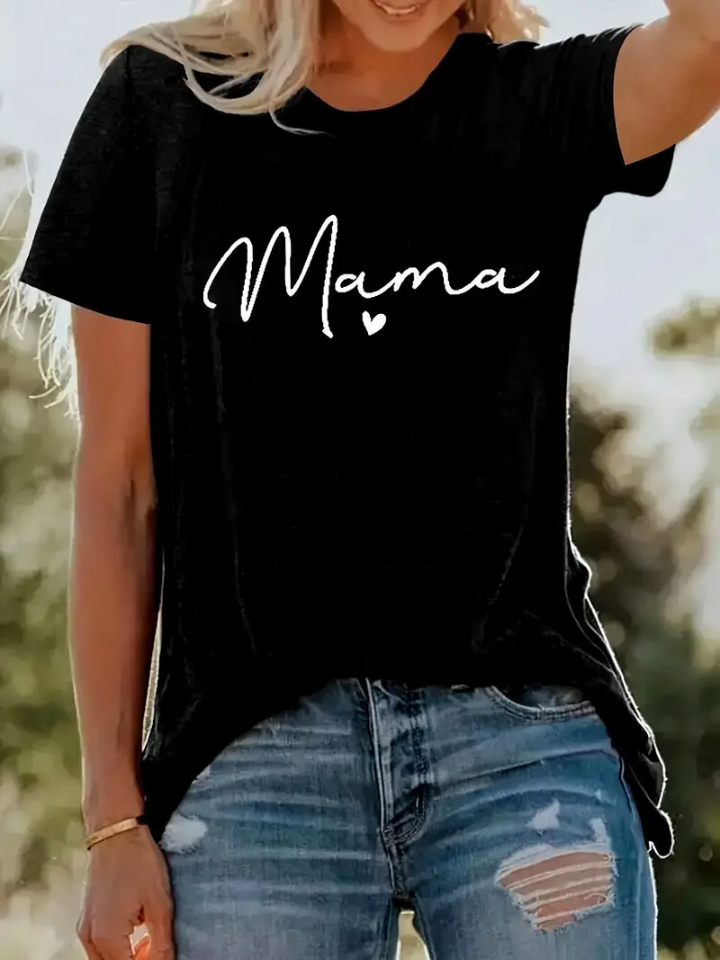 Mama Letter Print T-Shirt, Short Sleeve Crew Neck Casual Top For Summer & Spring, Women\'s Clothing