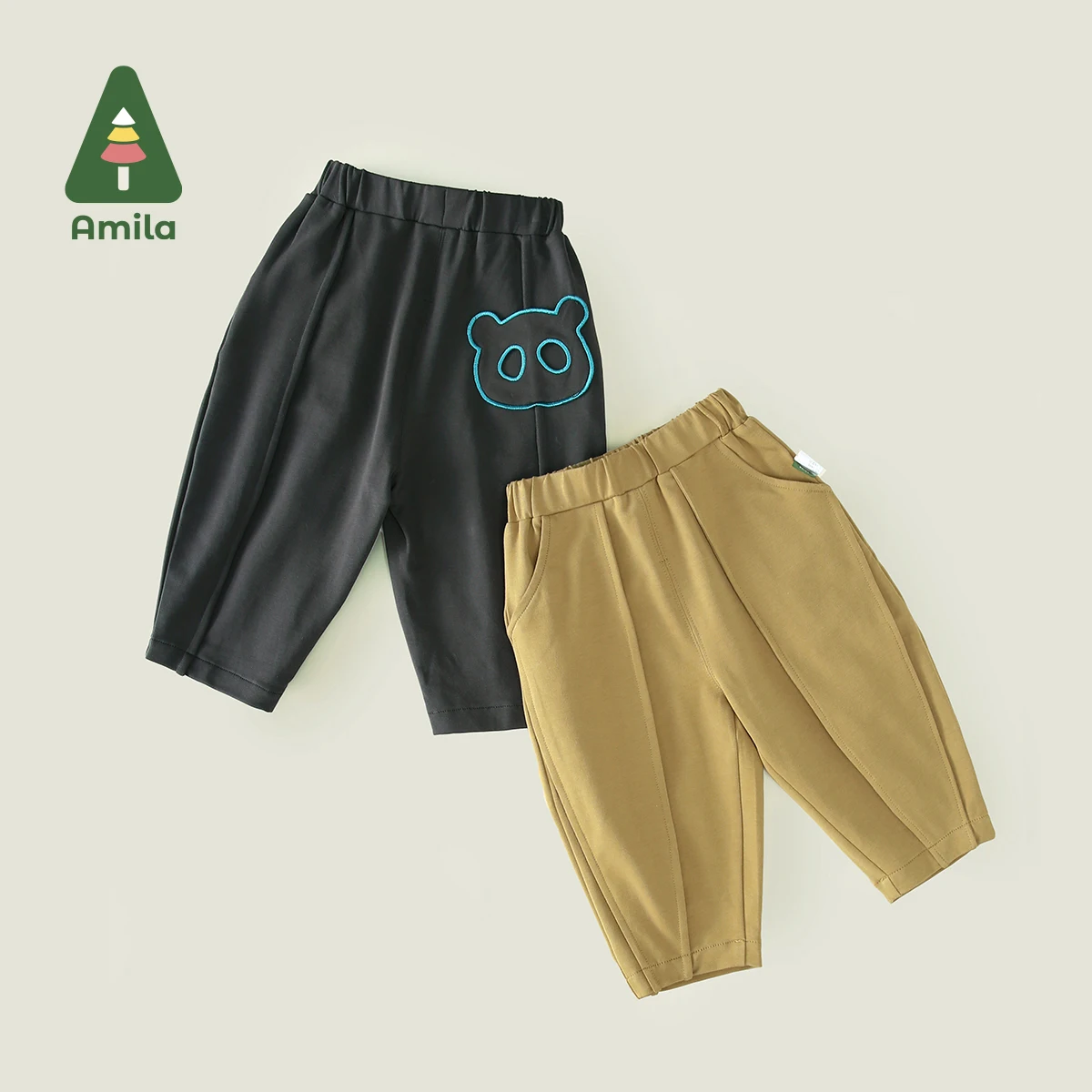 Amila 2024 Spring New Boys Casual Pants Cartoon Embroidery Pocket Solid Color Design Sense Athletic Sweatpants