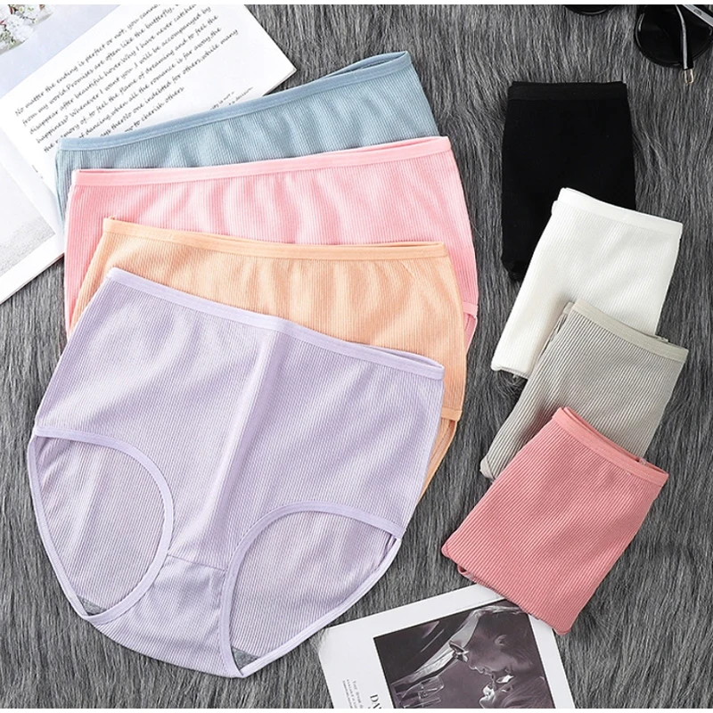 

Women's Cotton Panties Plus Size Sexy Soft Striped Underpants Solid Color Briefs Female Comfortable Breathable Stretch Lingerie