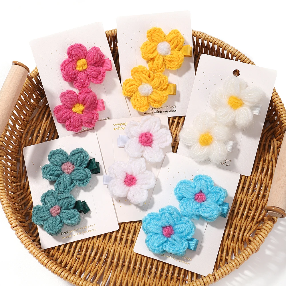 

2pcs/set Hairs Clips Baby Girls Wool Knitting Headwear Handmade Crochet Small Puff Flower Safe Children Hairpin Kids Accessories