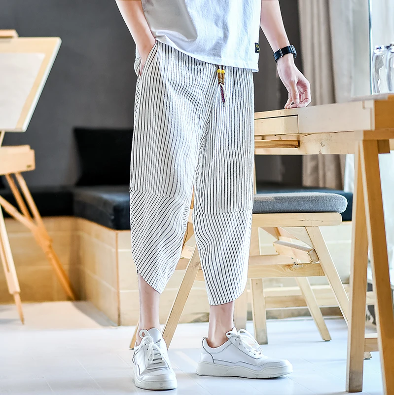 Chinese Style Stripe Casual Cotton Linen Pants for Men Summer Cool Comfortable Loose Plus Size Harem Pants Woman Cropped Pants