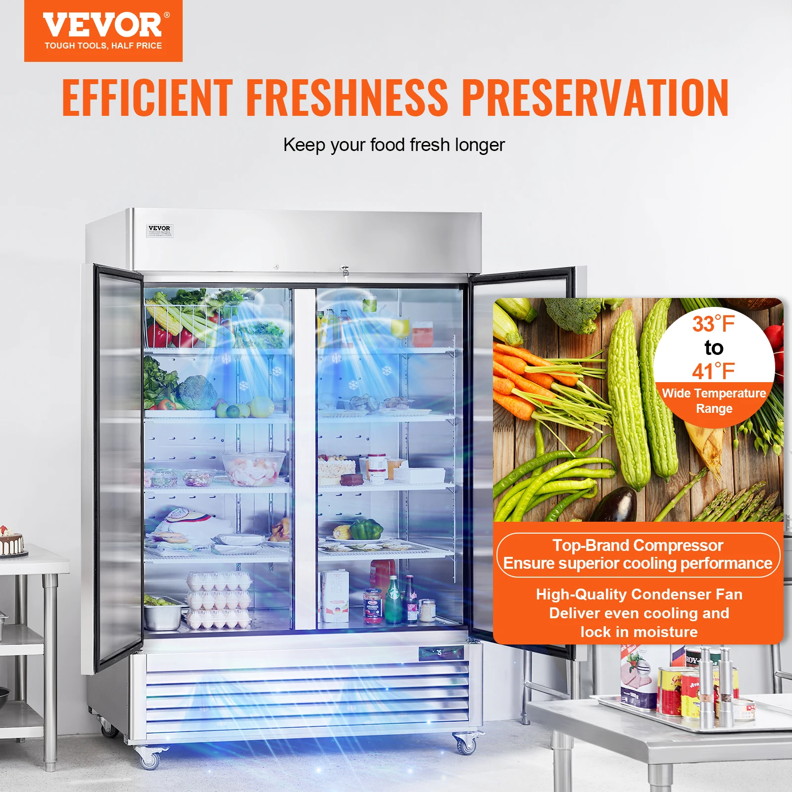 VEVOR Commercial Refrigerator 44 Cu.ft,Reach In Upright Refrigerator 2 Doors,Auto-Defrost Stainless Steel Reach-in Refrigerator