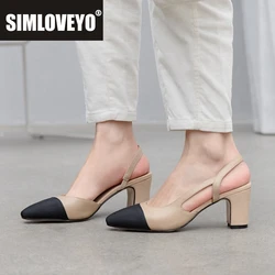 Big Size 45 Women Slingbacks Shoes High Heels Thick High Heel Leather Mixed Colors Pumps Ladies