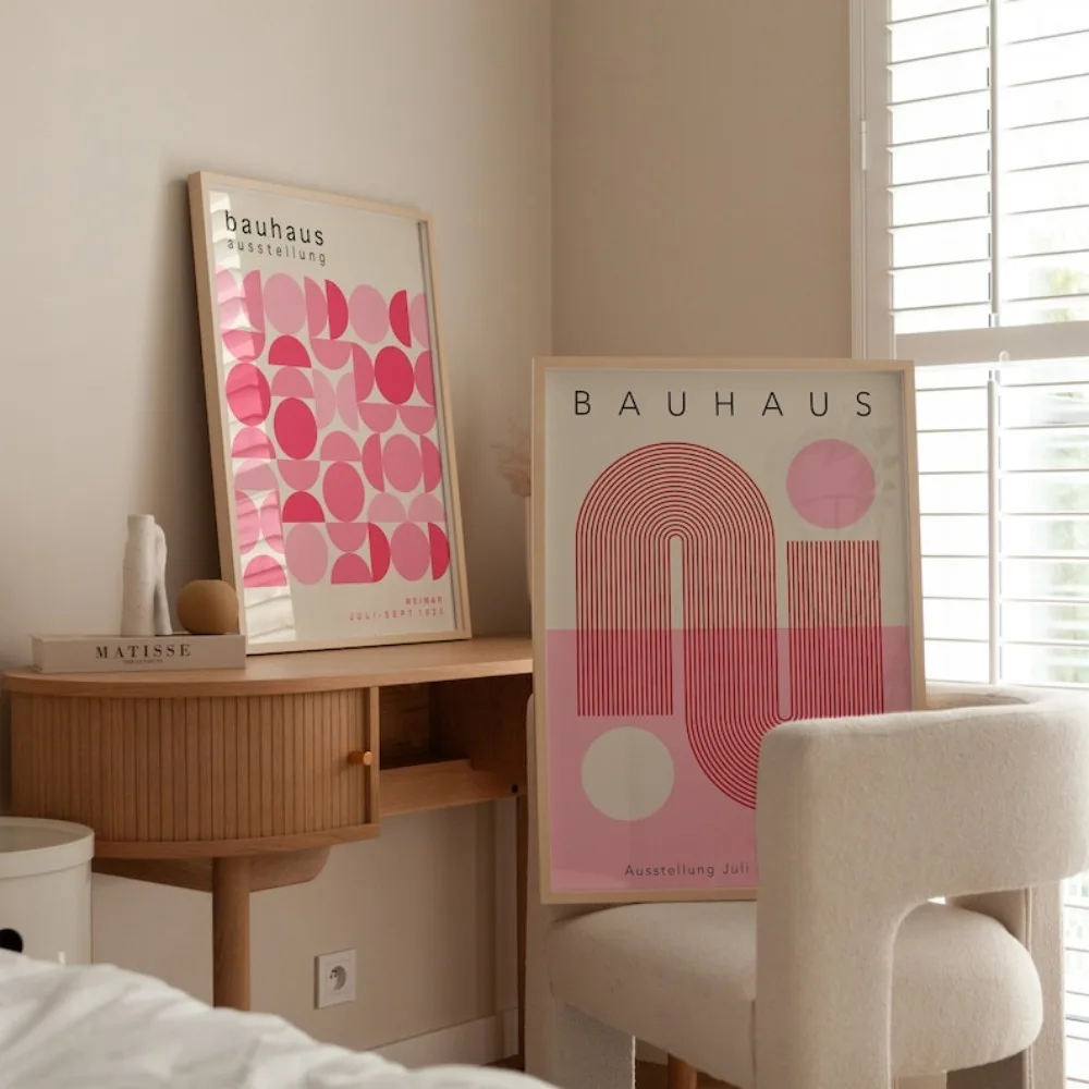 2pcs frameless Canvas Painting Set of 2 Frameless Pink Bauhaus Digital DOWNLOAD Prints,Pastel Geometric Bauhaus Poster,Pink Retr